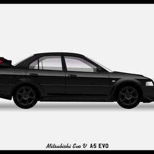 Może przedstawiać: Czarny samochód Mitsubishi Evo V A5 EVO z czerwonym logo Mitsubishi z tyłu.