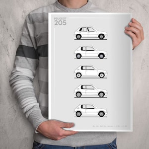 Peut inclure: Une affiche en noir et blanc avec un dessin au trait de cinq générations différentes de la Peugeot 205. L'affiche porte le texte "PEUGEOT 205" en haut.