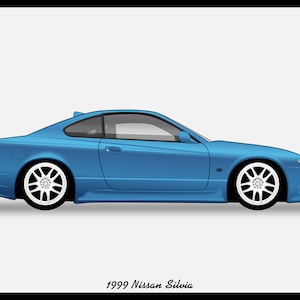 Puede incluir: Vista lateral de un Nissan Silvia azul de 1999, un coche deportivo japonés. El coche tiene ruedas blancas y un diseño elegante.