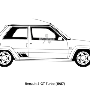 Puede incluir: Un dibujo en blanco y negro de una Renault 5 GT Turbo de 1987. El coche se ve de lado y tiene un diseño deportivo con un gran alerón trasero y una falda lateral prominente. El coche tiene un diseño de rueda de cinco radios distintivo.