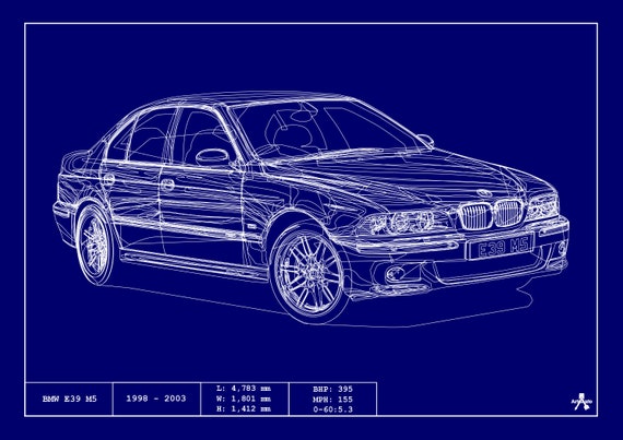 POSTER BMW E39 M5 BLUEPRINT Vector Art Highly Detailed 