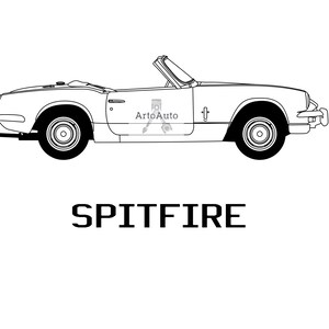 May include: A black and white line drawing of a classic Triumph Spitfire convertible sports car. The car is viewed from the side and has a simple, elegant design.