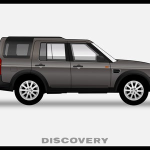 Può includere: Un SUV Land Rover Discovery grigio scuro con finiture nere e ruote argentate. Il veicolo è mostrato in vista di profilo.