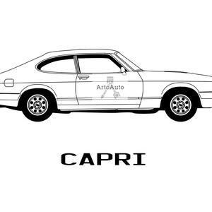 May include: A black and white line drawing of a Ford Capri car. The car is shown in profile view. The text "CAPRI" is written below the car.