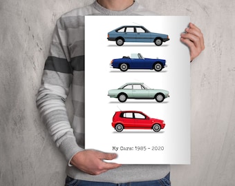 Póster personalizado de la historia del coche: dibujo digital e impresión de sus coches, pasados y presentes.
