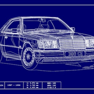 POSTER - MERCEDES C124 BLUEPRINT - Vector Art - Highly Detailed