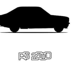 Può includere: Silhouette in bianco e nero di un'auto con il testo "RS 2000" sotto.