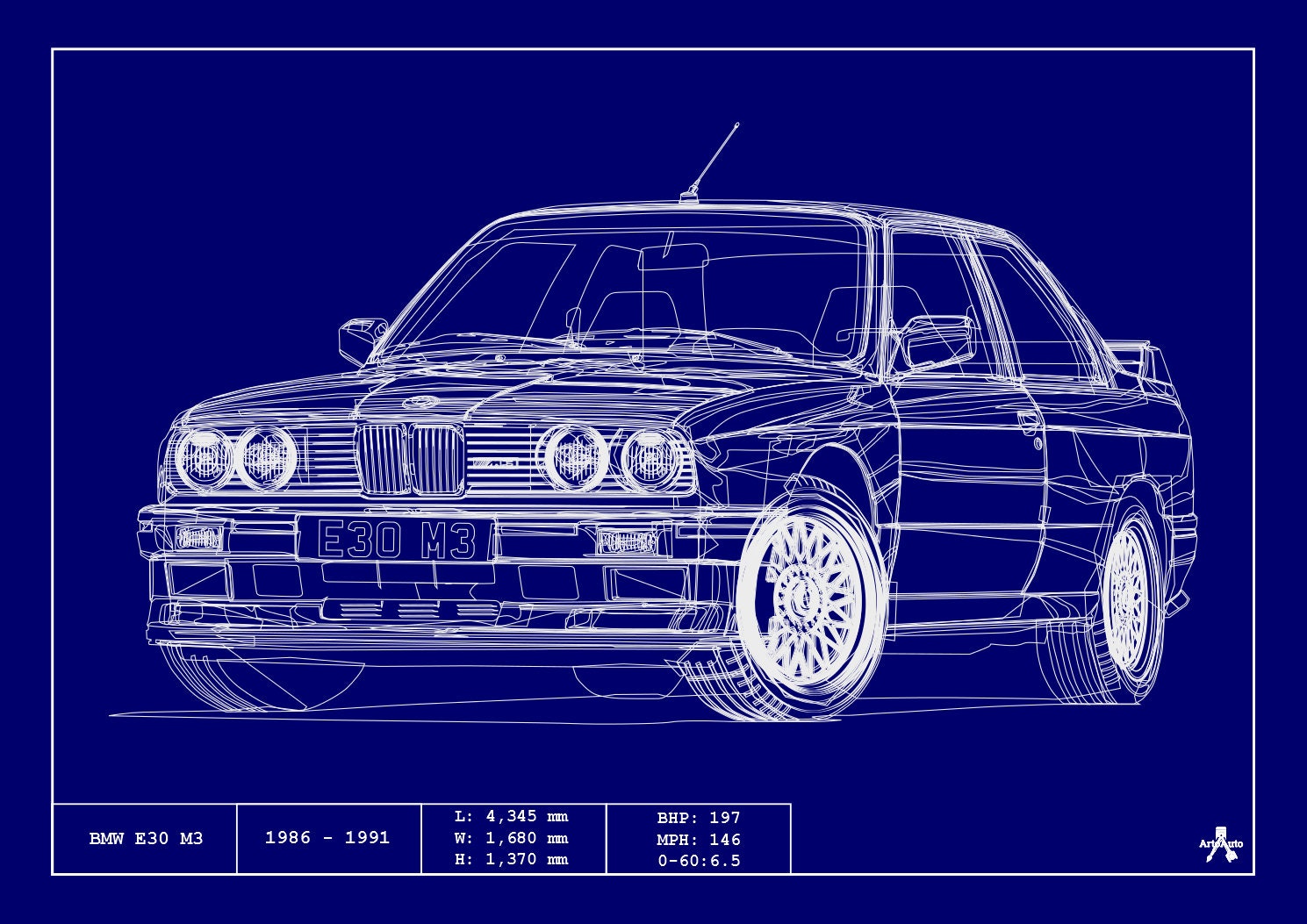 ポスター - BMW E30 M3 ブループリント - ベクターアート - 非常に詳細