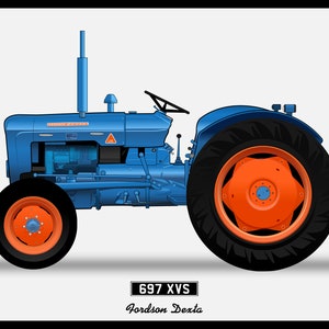 May include: Illustration of a blue Fordson Dexta tractor with orange wheels and black tires. The tractor has a black steering wheel and a silver exhaust pipe. The text "697 XVS Fordson Dexta" is at the bottom.