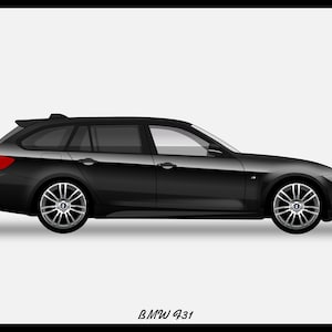 Puede incluir: Un coche BMW 431 negro de tipo familiar con llantas plateadas. El coche se muestra en vista de perfil.