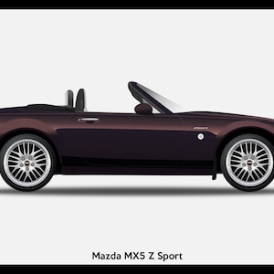 Może przedstawiać: Burgundowy kabriolet Mazda MX-5 Z Sport z srebrnymi felgami aluminiowymi. Samochód jest pokazany w widoku z boku.