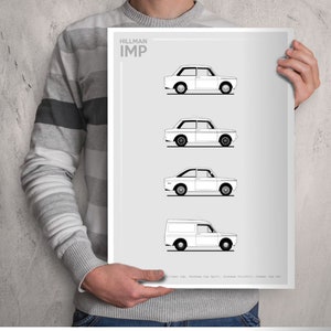 Puede incluir: Una impresión en blanco y negro de un dibujo de línea de cuatro versiones diferentes del coche Hillman Imp. La impresión presenta el texto "Hillman Imp" en la parte superior.