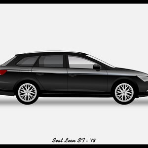 May include: A black Seat Leon ST station wagon with a black roof and silver wheels. The car is shown in profile view. The text "Seat Leon ST - '18" is printed below the car.