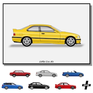 May include: A framed print showing a yellow BMW E36 M3 car illustration. The image displays the car's side profile, with the text "BMW E36 M3" below. Additional car illustrations in red, silver, blue, black, and red are shown below.