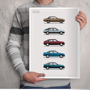 May include: A poster showcasing a timeline of Vauxhall Cavalier models. The poster features five different Cavalier models, starting with the first generation from 1975 and ending with the final generation from 1995. Each model is depicted in a different colour, with the text "Vauxhall Cavalier" at the top of the poster.