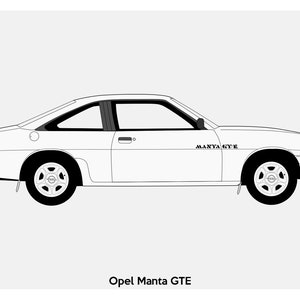 May include: A white Opel Manta GTE coupe with black trim and the text "MANTA GTE" on the side.