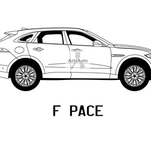 May include: Line drawing of a black and white Jaguar F-PACE SUV. The car is viewed from the side and has a sleek, modern design.