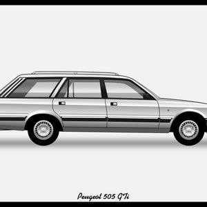 May include: A silver Peugeot 505 GTi estate car with black trim and a roof rack. The car is shown in profile view.