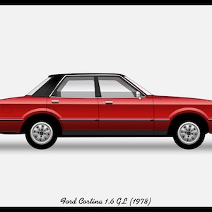 Op de afbeelding: Een rode Ford Cortina 1.6 GL auto uit 1978, gezien vanaf de zijkant.