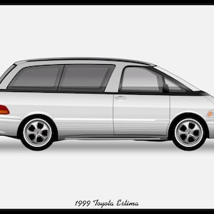 May include: A silver 1999 Toyota Estima minivan with black trim, side view.