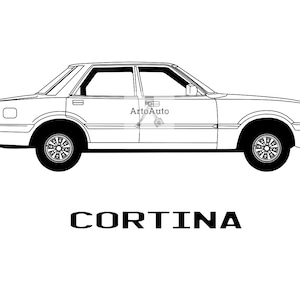 Może przedstawiać: Czarno-biały rysunek samochodu Ford Cortina. Samochód jest przedstawiony w widoku z profilu.
