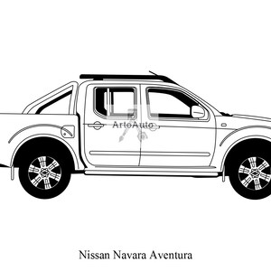 May include: A black and white line drawing of a Nissan Navara Aventura pickup truck. The truck is shown in profile view, with the driver's side facing the viewer. The truck has a roof rack, a roll bar, and a bed.