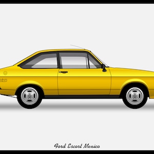 Op de afbeelding: Een gele Ford Escort Mexico met zwarte bekleding en zwarte wielen. De auto heeft een zwarte streep aan de zijkant en het woord "Mexico" aan de achterkant.