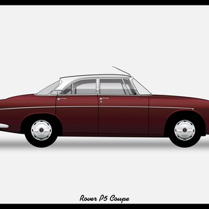 Op de afbeelding: Een donkerrode Rover P5 Coupé met een wit dak. De auto wordt in zijaanzicht getoond.
