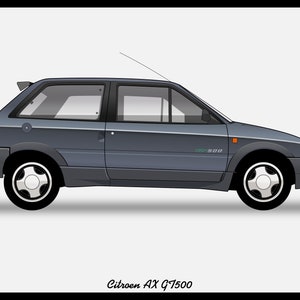 Puede incluir: Vista lateral de un coche Citroën AX GT 1500 gris. El coche tiene un alerón negro y ruedas negras con detalles plateados.