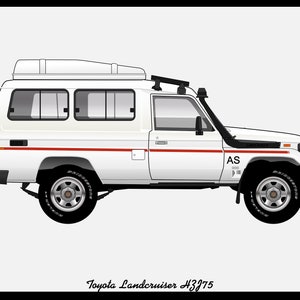 May include: A white Toyota Landcruiser HZJ75 with a roof rack and a white roof top tent. The vehicle has red and black accents and the text "AS" on the side.