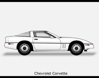 Könnte beinhalten: Ein weißer Chevrolet Corvette Sportwagen mit schwarzen Zierleisten und schwarzem Innenraum. Das Auto ist in Seitenansicht dargestellt.