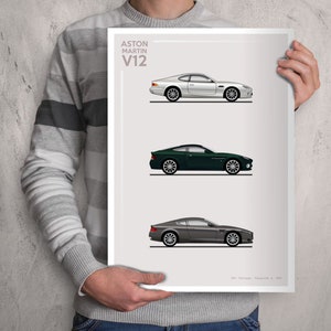 May include: A poster featuring three illustrations of Aston Martin V12 cars in silver, dark green, and grey. The poster has the text "Aston Martin V12" at the top.