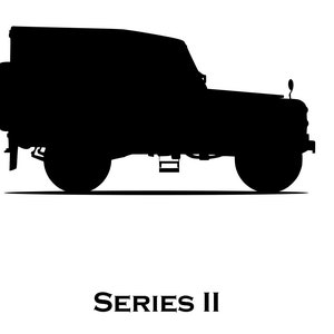 Puede incluir: Silueta negra de un Land Rover Serie II, un vehículo todoterreno clásico.