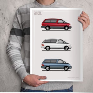 May include: A poster featuring a line drawing of three generations of the Toyota Previa minivan. The first generation is red, the second is white, and the third is blue.