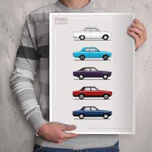 Può includere: Un poster con illustrazioni di cinque auto Ford Cortina in vari colori: bianco, blu, viola, rosso e blu scuro. Il poster ha il testo "FORD CORTINA" in alto. Le auto sono raffigurate di profilo.