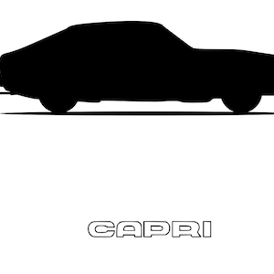 May include: A black silhouette of a classic Ford Capri car. The car is facing to the right and the word "CAPRI" is written in white below the car.