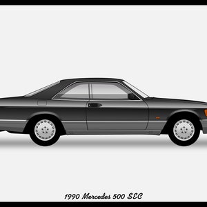 Könnte beinhalten: Ein schwarzer Mercedes 500 SEC Coupé aus dem Jahr 1990 mit einer grauen unteren Karosserie. Das Auto ist in Seitenansicht dargestellt.