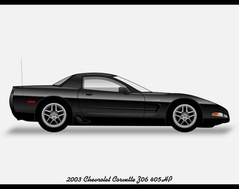 Könnte beinhalten: Ein schwarzer Chevrolet Corvette von 2003 mit 306 PS. Das Auto ist in Seitenansicht dargestellt.