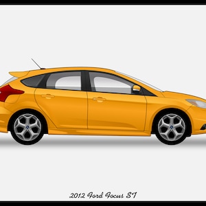 Puede incluir: Un Ford Focus ST 2012 amarillo con detalles negros y llantas plateadas.