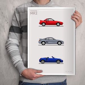 Puede incluir: Un póster con tres generaciones diferentes del coche deportivo Toyota MR2. Los coches se muestran en rojo, plateado y azul. El póster tiene el texto "TOYOTA MR2" en la parte superior.