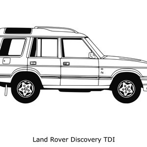 Puede incluir: Un dibujo en blanco y negro de un Land Rover Discovery TDI. El vehículo se muestra en vista de perfil, con el lado del conductor mirando al espectador.