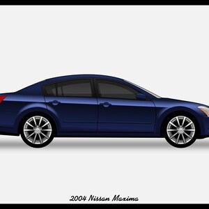 May include: A side view of a dark blue 2004 Nissan Maxima saloon. The car is parked on a white background.