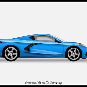 May include: A blue Chevrolet Corvette Stingray sports car is shown in profile view. The car has a sleek, modern design with a low-slung body and sharp lines.