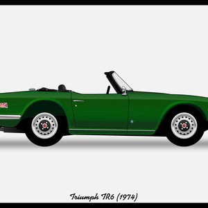 May include: A green 1974 Triumph TR6 convertible sports car. The car is shown in profile view.
