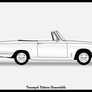 May include: A white Triumph Vitesse Convertible, a classic British sports car, is shown in profile view. The car has a black top and black wheels.