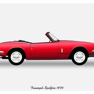 May include: A red 1970 Triumph Spitfire convertible sports car. The car is shown in profile view.