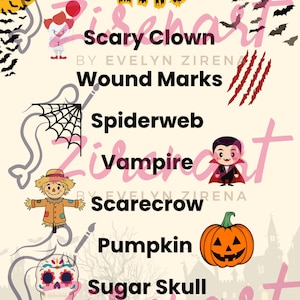 May include: A Halloween-themed face painting menu featuring the text FACE PAINTING MENU and a list of designs including Scary Clown, Wound Marks, Spiderweb, Vampire, Scarecrow, Pumpkin, Sugar Skull, and Zombie, decorated with various spooky icons.