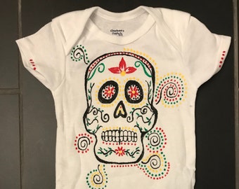 Sugar skull organic cotton handpainted onesie, baby bodysuit MADE TO ORDER