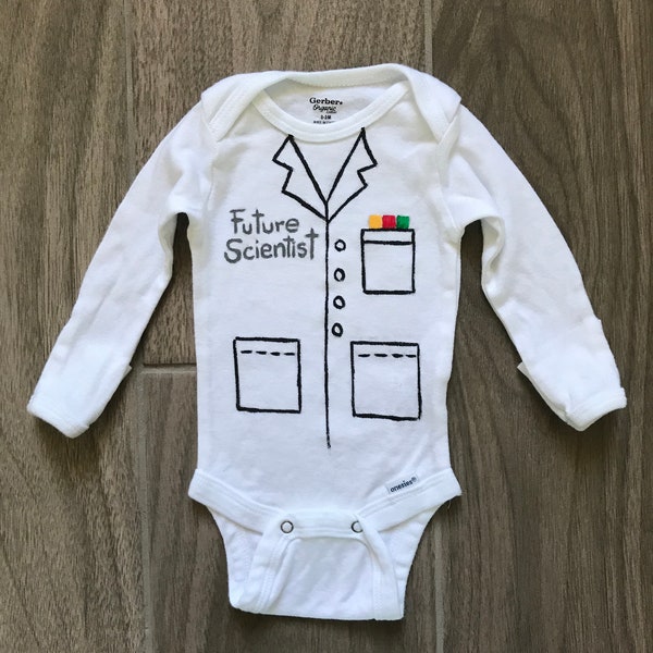 FUTURE SCIENTIST lab coat onesie, handpainted organic cotton baby bodysuit