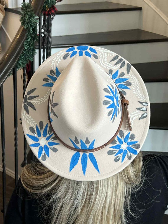 Hand Painted Grey and Blue Hat | One-of-a-kind Hat | Texas 